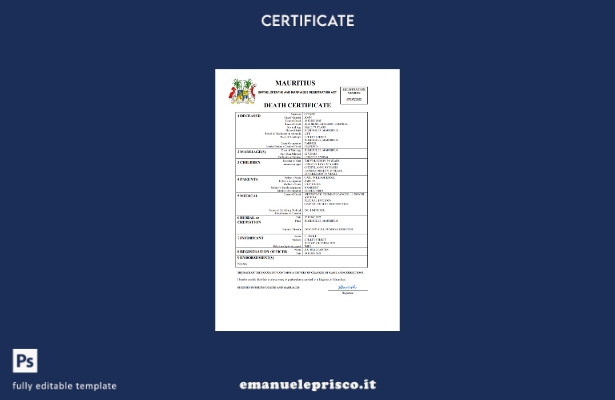 certificato di morte di Mauritius in stile verificato Modello Word e PDF, modell